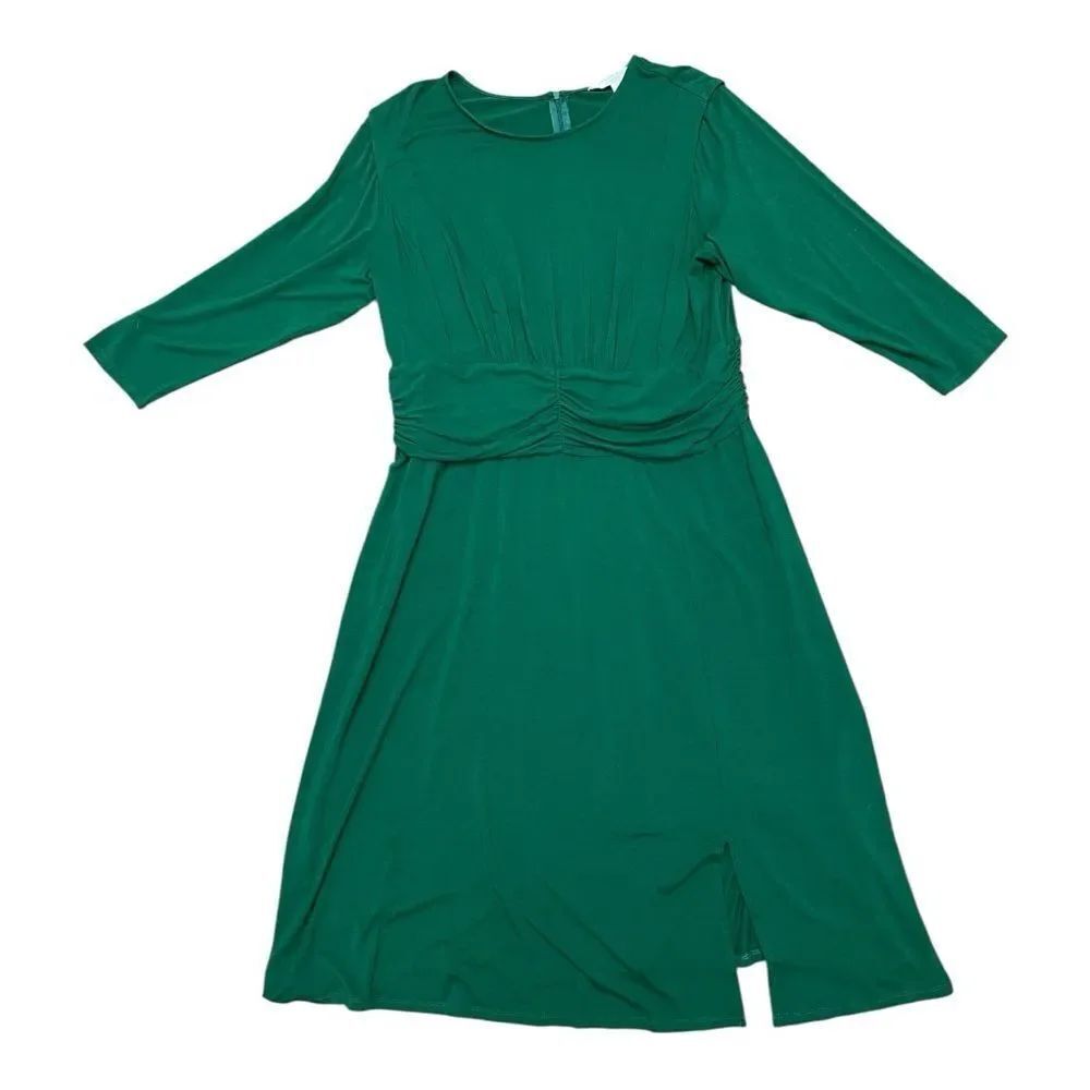 London Times Elegant Green Midi Dress Size 18 W Stretch 3/4 Sleeves Ruched Waist